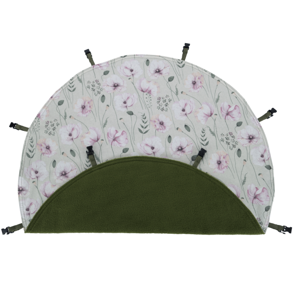 The picture shows a cover for the ferret swing. The cover was sewn from a vintage fabric and complemented with polar fleece in olive green